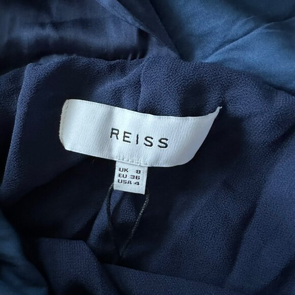 Reiss Womens Size 4 Zaria Drape Navy Satin Dress Sleeveless Ruched Bodycon Mini - Picture 10 of 11